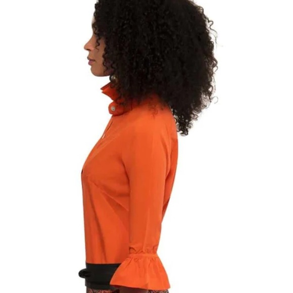 Gretchen Scott NWT Med. orange Blouse 3/4 Sleeves Semi Fitted Ruffled Cu… - Picture 9 of 10